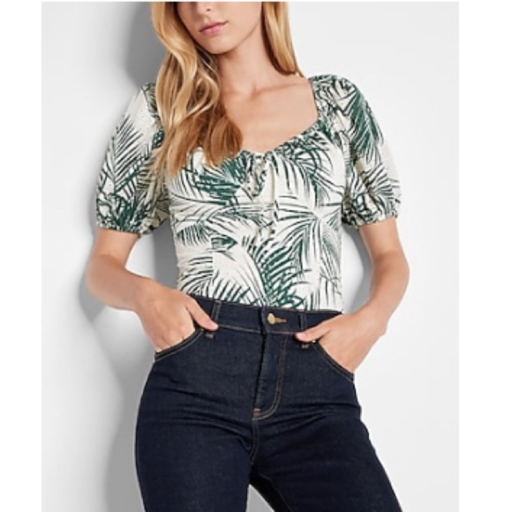 Palm Print Eyelet Puff Sleeves Tie Neck Thong Bodysuit.